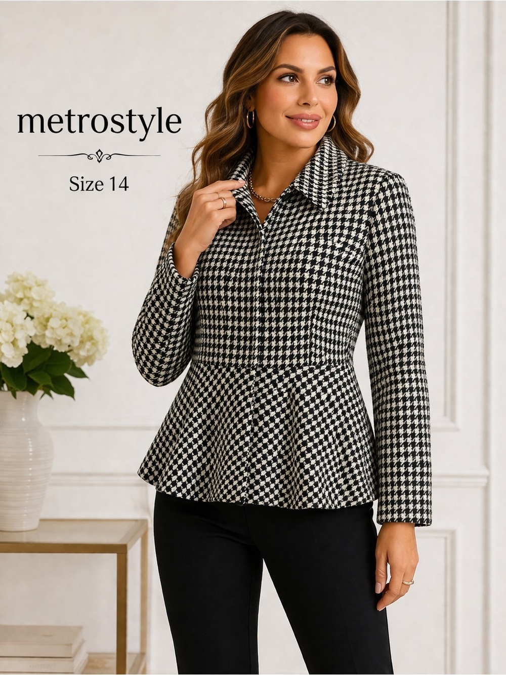 Metrostyle Houndstooth Peplum Jacket Size 14 Black White Classic Chic